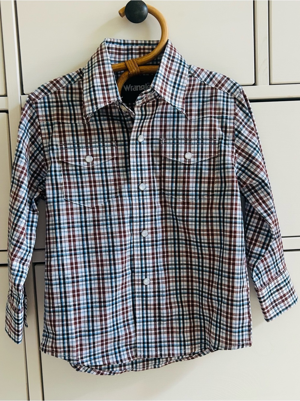 XXS Wrangler Boys' Blue, Brown & White Plaid Button-Front Shirt